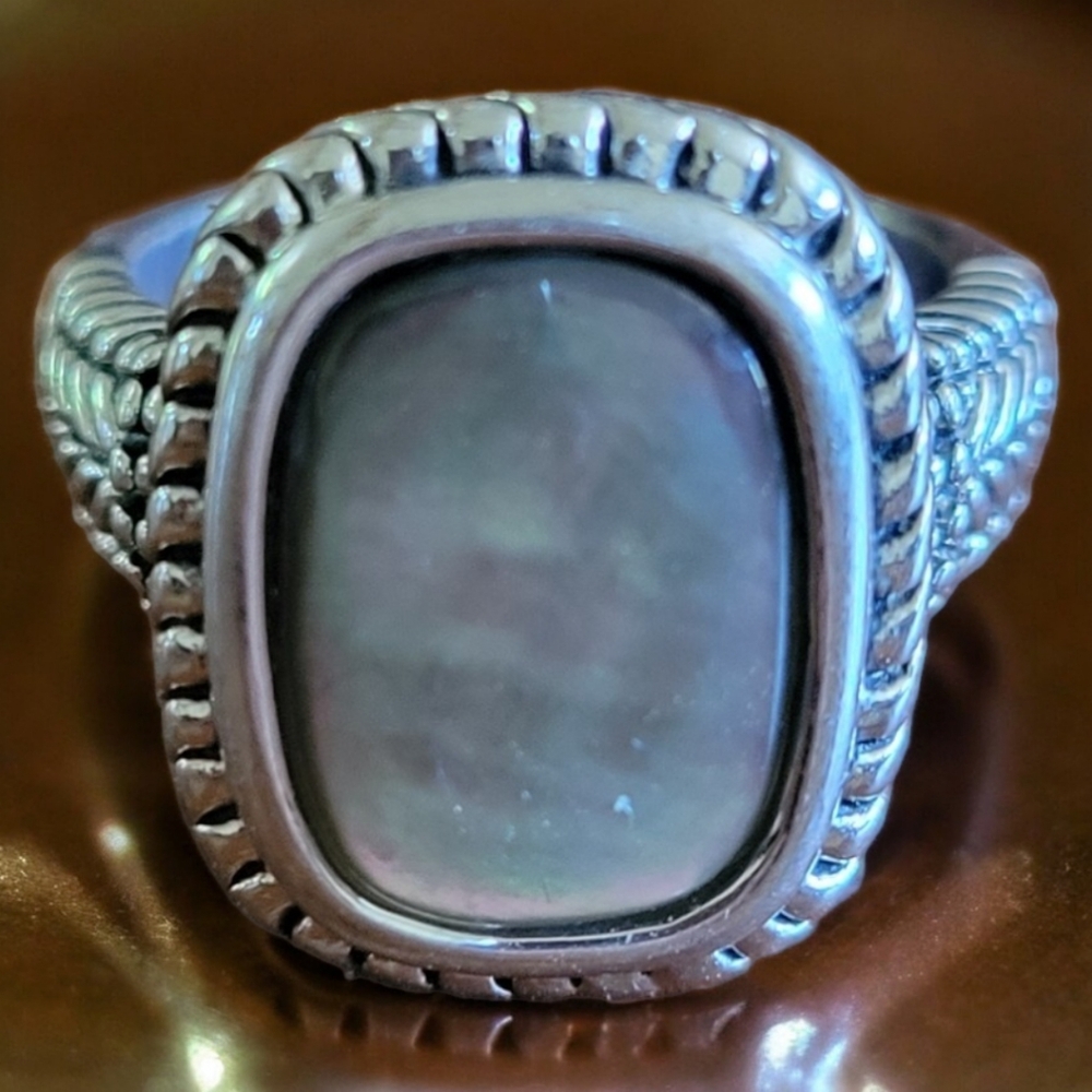 Vtg Iridescent Rectangular Opaque Gem Silver Ring… - image 1